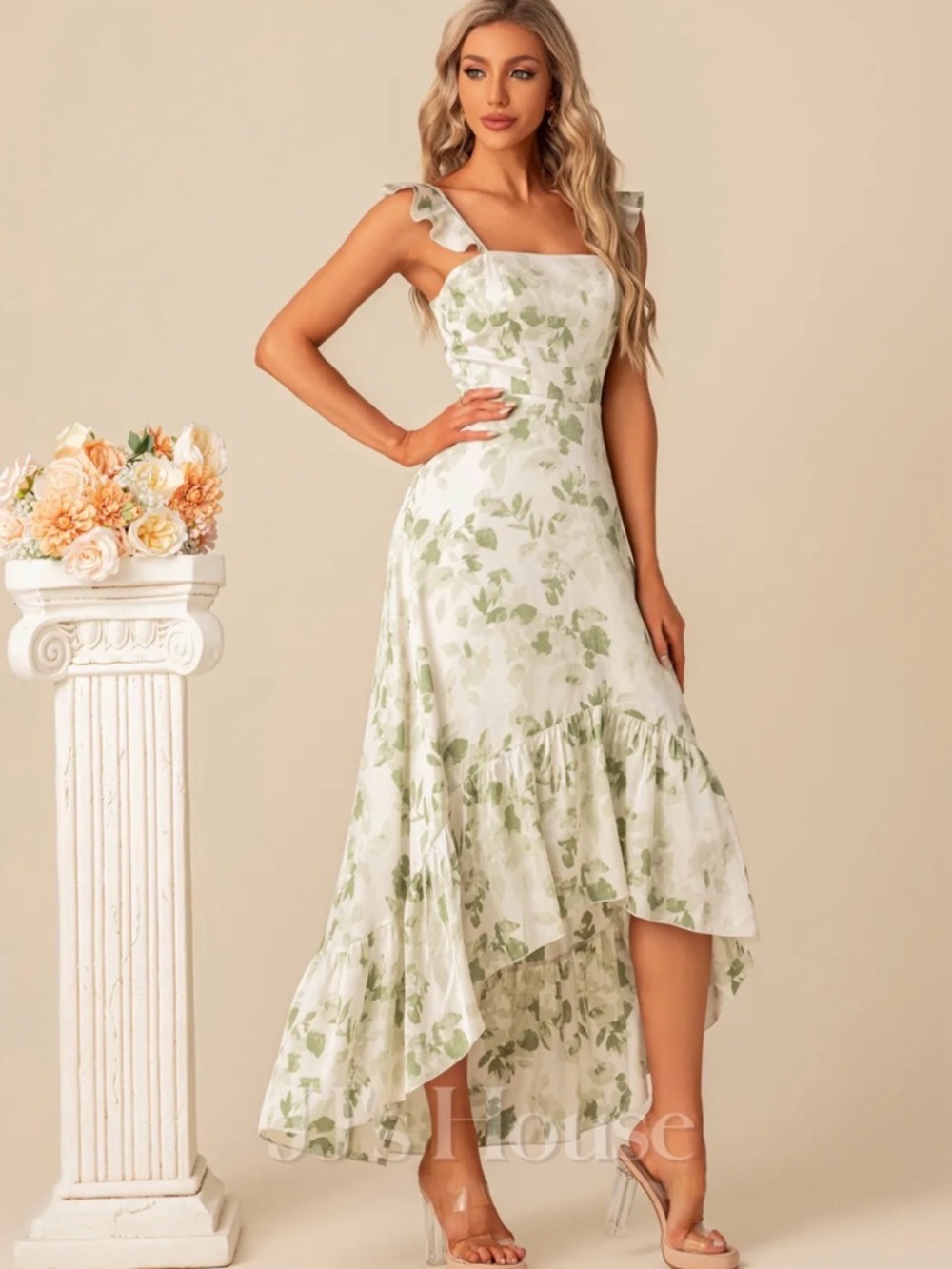 JJs House Sage Green Floral High-Low Ruffle Midi Dress